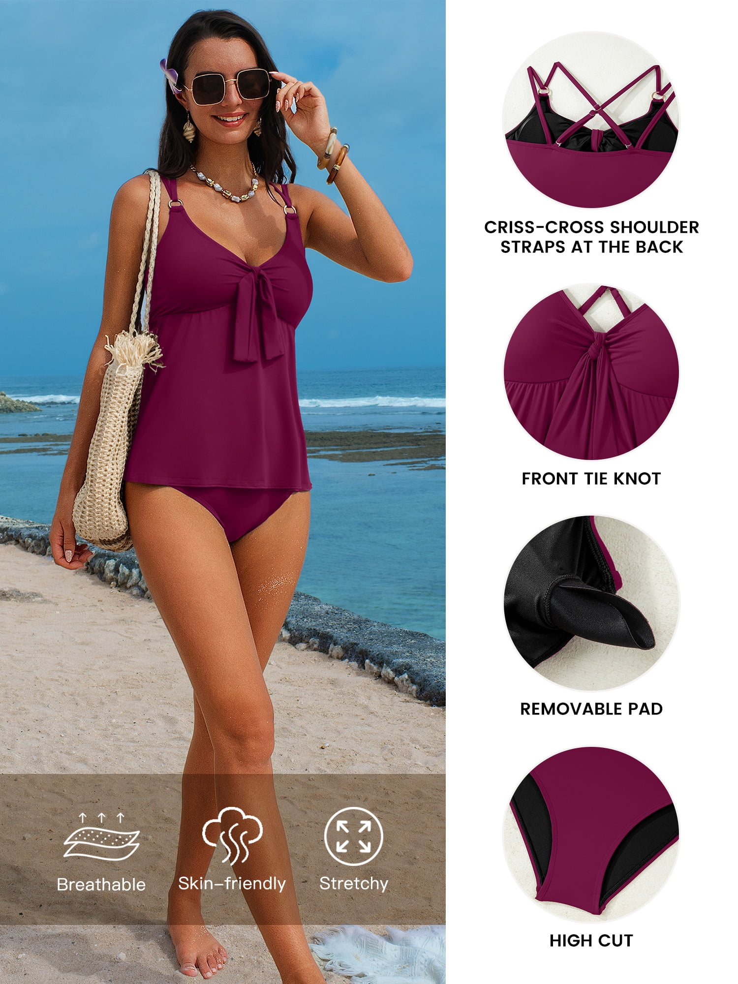 DOKOTOO Womens Tankini Swimsuits Tummy Control High Cut Tie Front Bathing Suits Two Piece Tankini Set Purple S US4-6