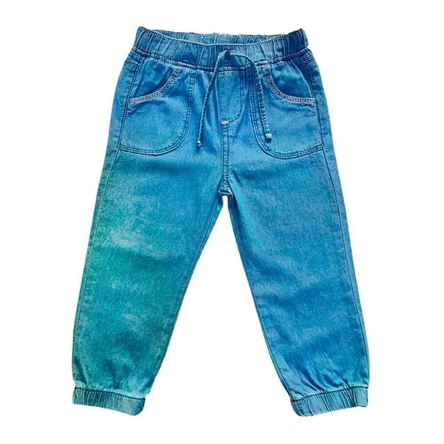 pantalón george niña 3x con elástico azul vista frontal centrada: pantalón azul para niña con cintura elástica y cordón ajustable, dos bolsillos delanteros tipo parche, costuras visibles y puños elásticos en los tobillos; fondo blanco, ideal para combinar con blusas en la sección ropa para niña.
