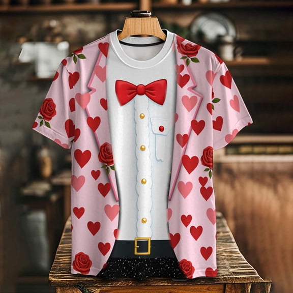 VBTAPA Tuxedo T-Shirt Short Sleeve Funny Tux with Bowtie Graphic Tee Shirt for Men Casual Holiday Tops Pink M