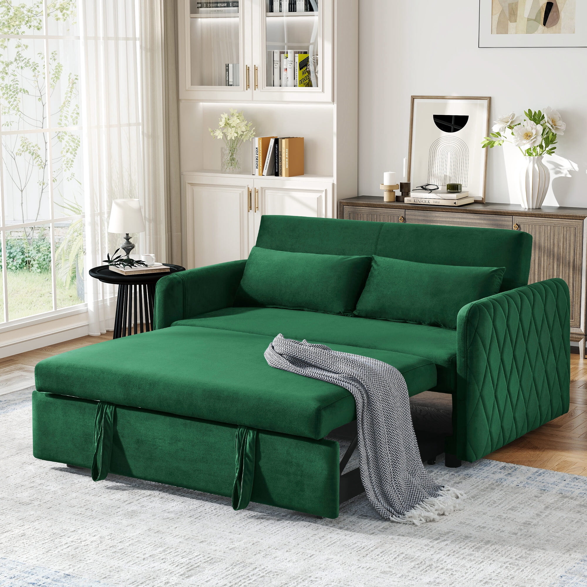 Lunale Convertible Futon Sofa Bed for Living Room, Modern Upholstered Loveseat Sleeper in Green