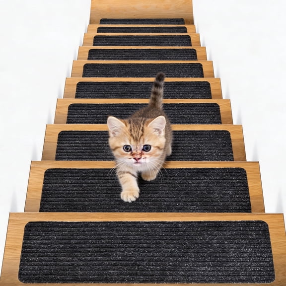15 Pack Edging Stair Treads Non-Slip Carpet Mat 30inX8in Indoor Stair Runners for Wooden Steps, Edging Stair Rugs for Kids and Dogs, 100% Polyester TPE Backing, Black