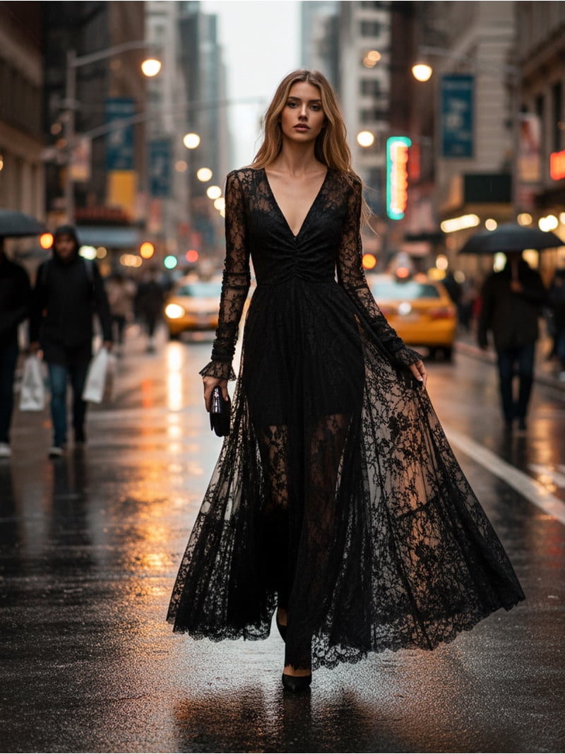 boho lace black dress Women's Maxi Dress, Sexy V-Neck Long Sleeve Sheer Gown, Gothic Vintage Party Outfit, Chic Cocktail Women Size:Uk 14