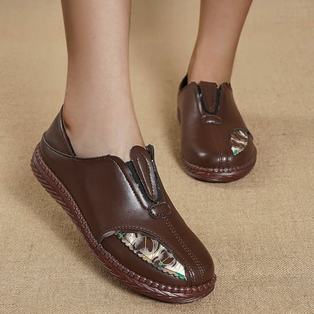 

Women s Retro Flower Printed Leather Soft Sole Flat Sleeve Casual Shoes