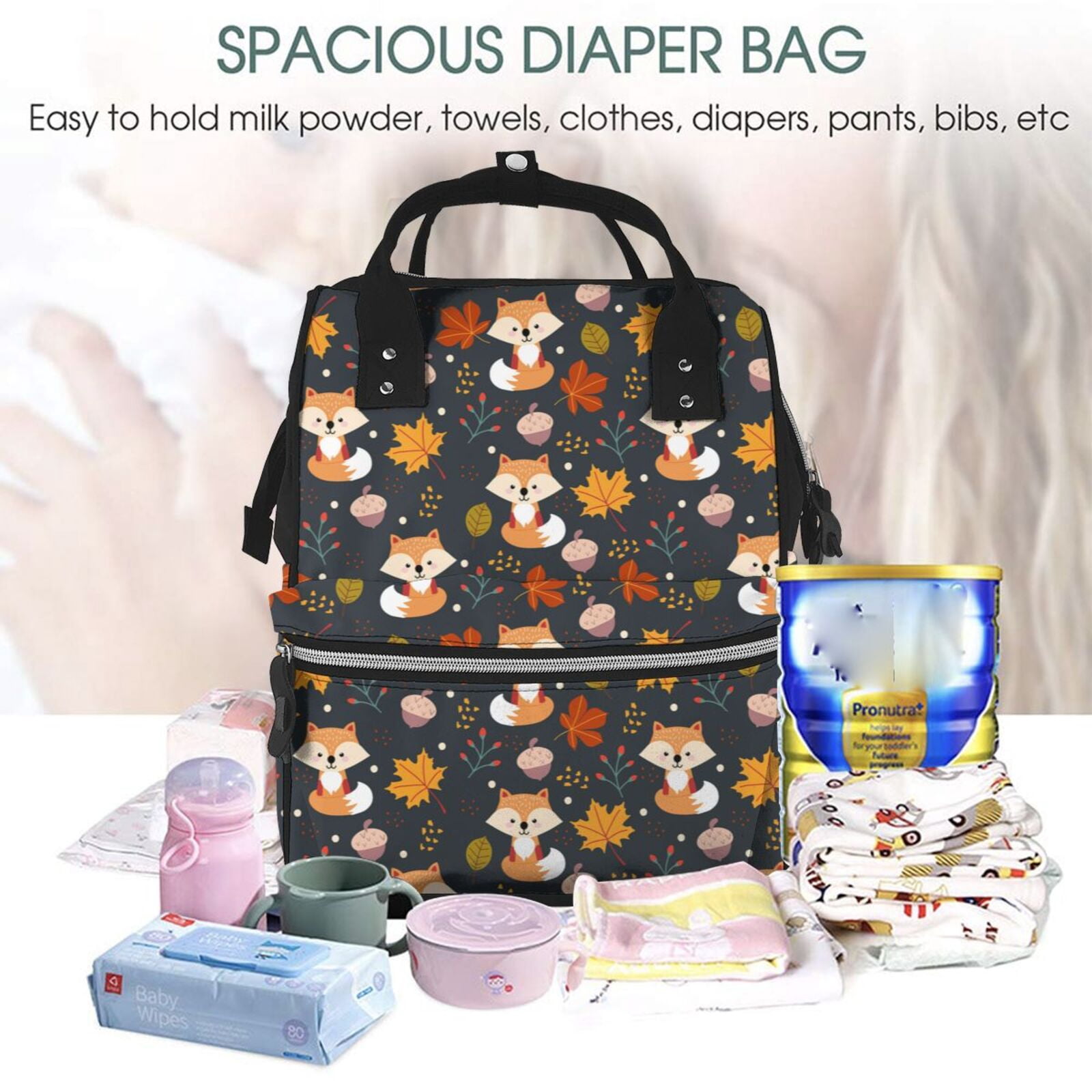 Fuzoiu Autumn Fox Print Diaper Bag Backpack,Baby Essentials Travel Tote,Multi function Waterproof Diaper Bag, Travel Essentials Baby Bag - Unisex