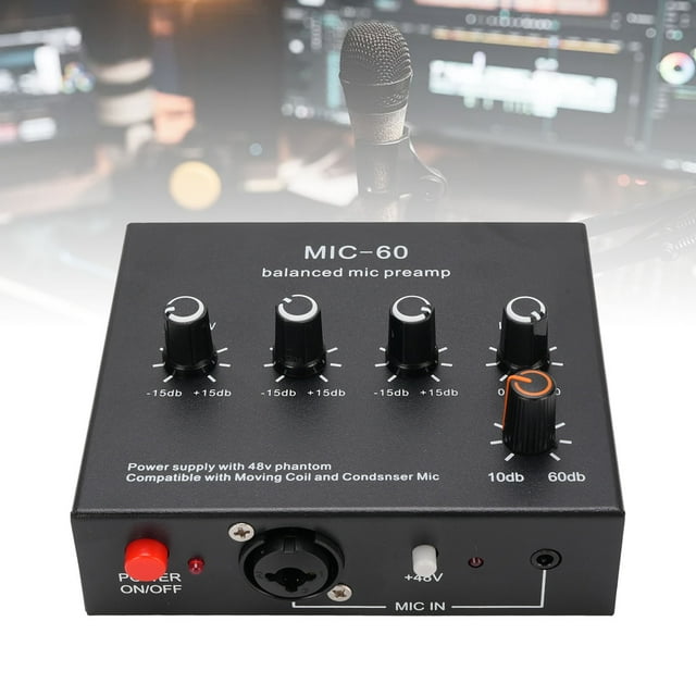 Mic Microphone Preamp Mic Gain Booster 48V Power Supply Mic Pre Amp for Dynamic Condenser XLR 3.5mm 6.35mm Inputs Outputs