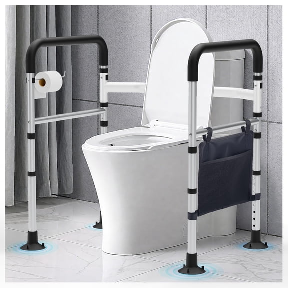 WHLICKS Toilet Safety Rails, Height & Width Adjustable Detachable Toilet Safety Frame for Seniors, Elderly & Disabled, Foldable Handicap Toilet Rails with Handles Storage Bag, Tissue Holder (350LB)
