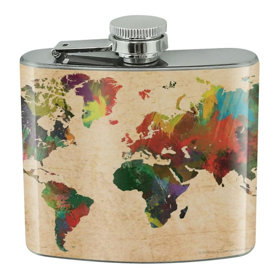 Colorful Rainbow Map of the World Earth Globe Stainless Steel 5oz Hip Drink Kidney Flask