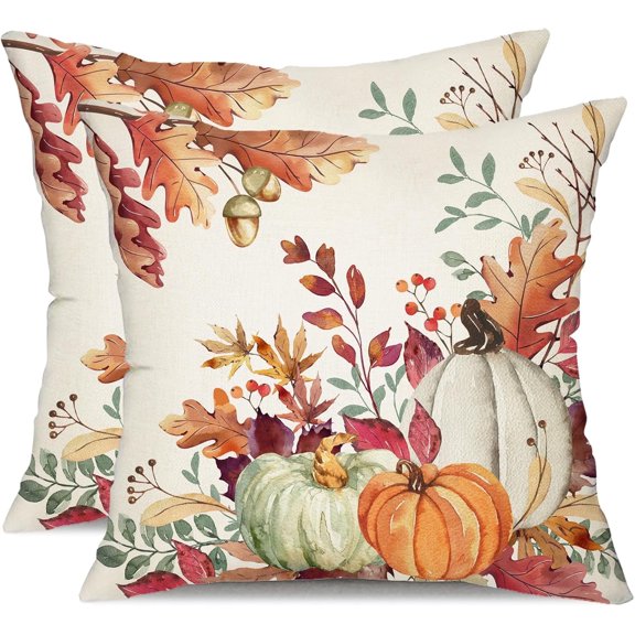 Fall Pillow Covers 18x18 inch Set of 2 Orange White Pumpkin Fallen Leaves Decorative Outdoor Throw Pillow Covers Autumn Thanksgiving Farmhouse Decoration for Home Couch TH27-A18