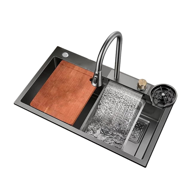 Tarja de Cocina Onof 80x45 Acero Inoxidable con Cascada y Grifo Extraíble