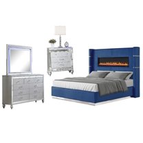 Galaxy Home Lizelle 4-Piece Velvet Upholstered King Bedroom Set in Blue