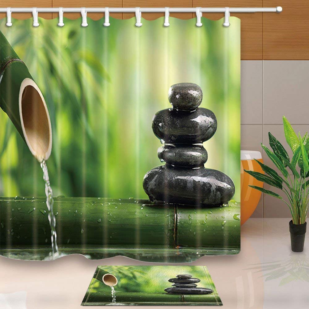 ARTJIA Japanese Decor Spa Bamboo Pebbles Shower Curtain 66x72 inches