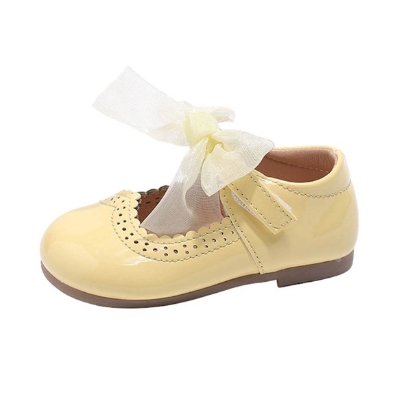Gpaecead Girls Mesh Bow Mary Jane Shoes Soft Sole Non Slip Faux Leather Princess Dress Shoes For Toddler, Yellow