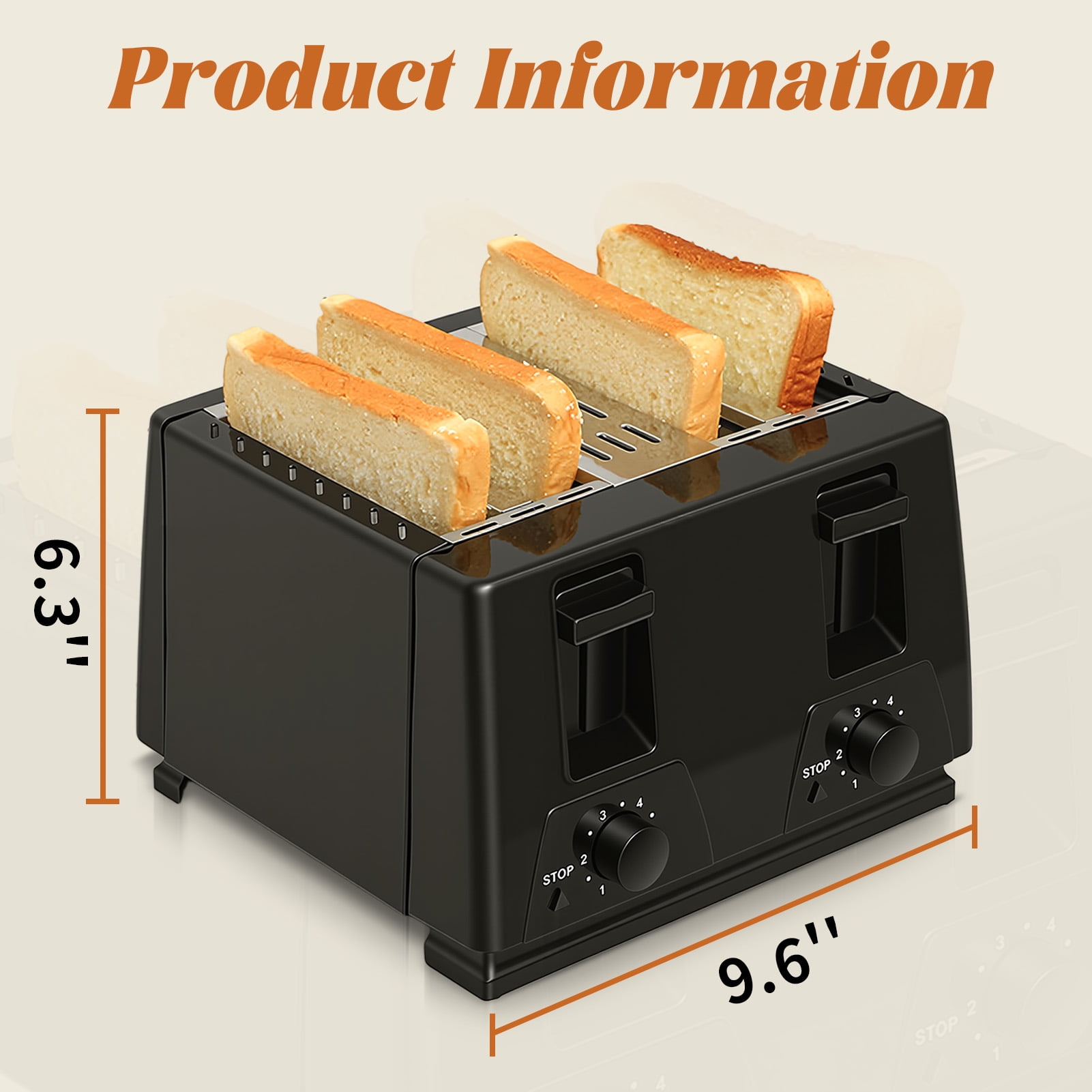 4 Slice Toaster - Stainless Steel Bagel Toaster with Dual Control Panels, 6 Shade Settings,Black