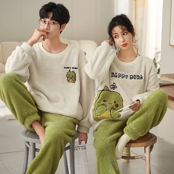 Pijama de pareja de vellón coral para hombre y mujer, otoño e invierno, con dibujos animados, forro polar, franela gruesa y cálida, traje de manga larga para el hogar