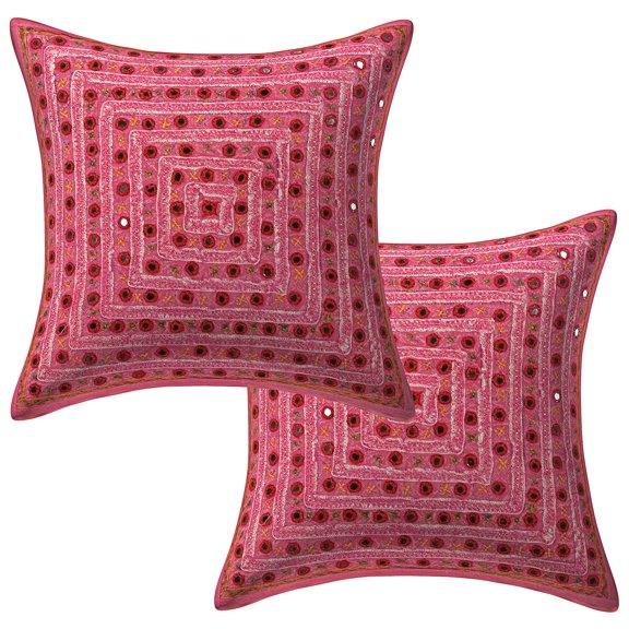 Stylo Culture Indian Chair Seat Throw Pillow Covers Boho Embroidered 16 x 16 Mirrored Pink Bohemian 40cm x 40cm Living Room Cotton Geometric Square Cushion Covers | Set Of 2