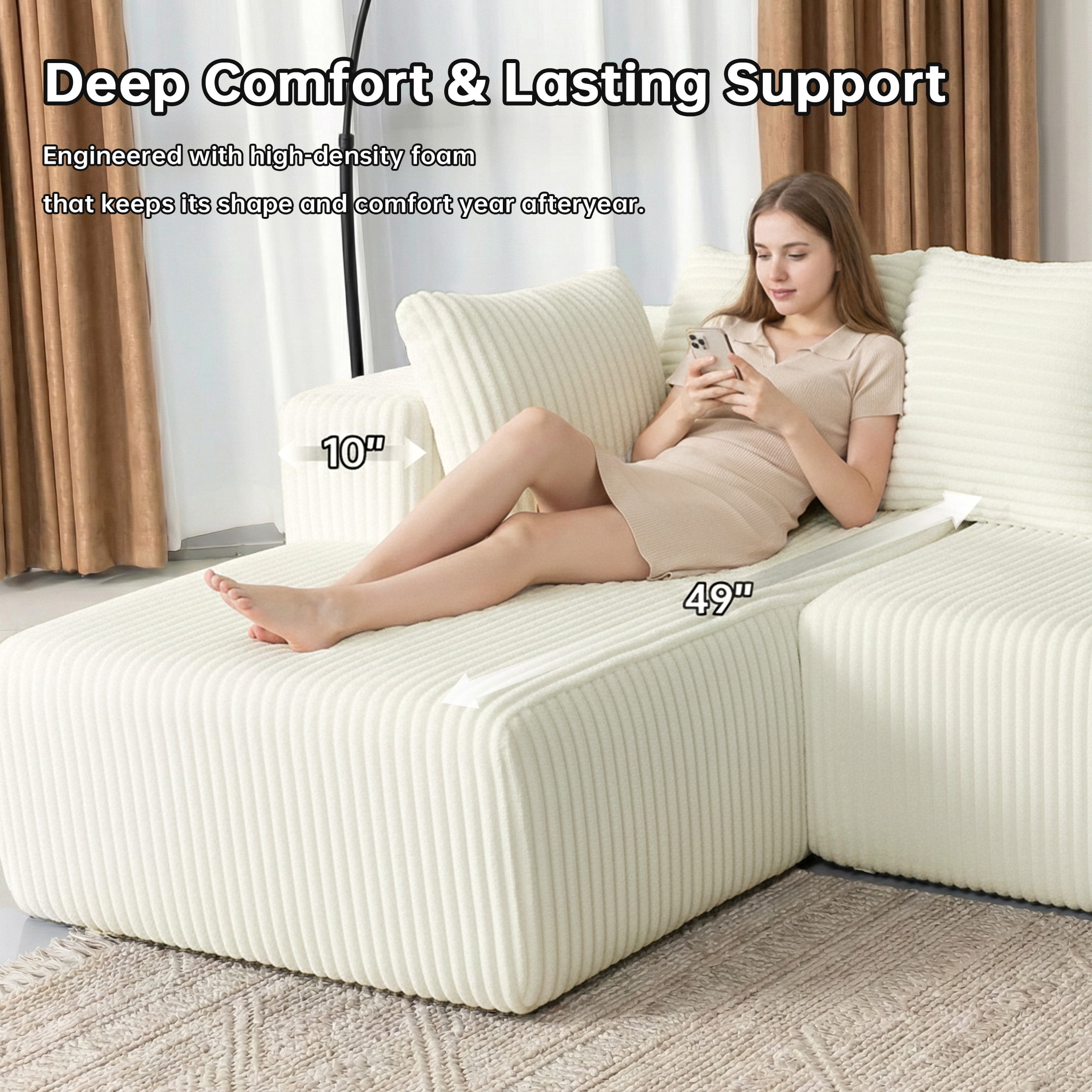 SOULART 130" White U L-Shaped Modular Cloud Couch, Sectional Sofa with Chaise – No Assembly, 5-Seater, Corduroy ，Boneless Sofa,