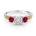 thumbnail image 2 of Gem Stone King 925 Silver and 10K Yellow Gold Moissanite and Red Created Ruby and Diamond 3-Stone Ring for Women (1.86 Cttw, Cushion 6MM and 4MM, Size 5), 2 of 3