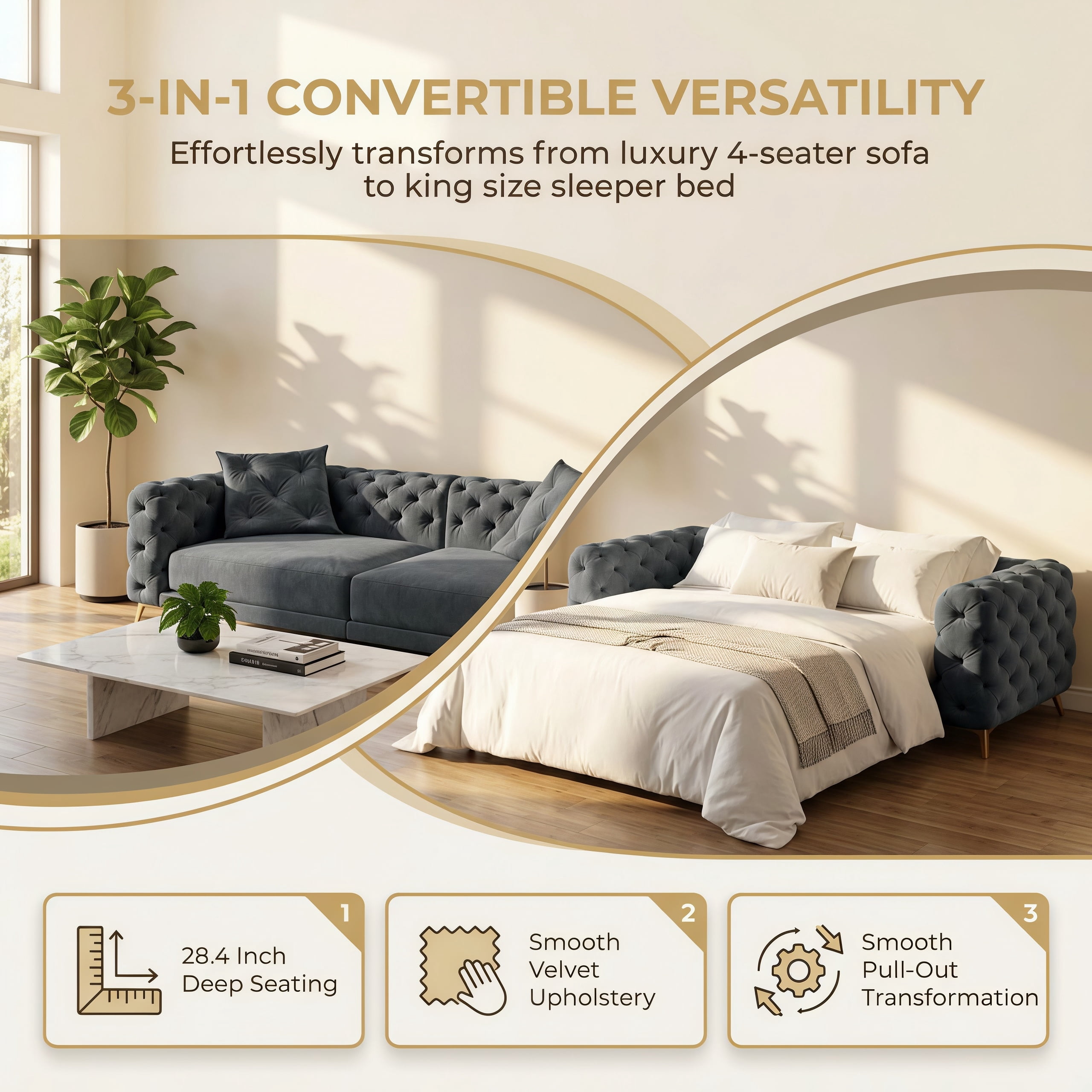 3-in-1 Velvet Sleeper Sofa Bed, 97.7" Modern Button Tufted Convertible Pull Out Couch with Gold Metal Legs & Deep Seat for Living Room, Drak Gray