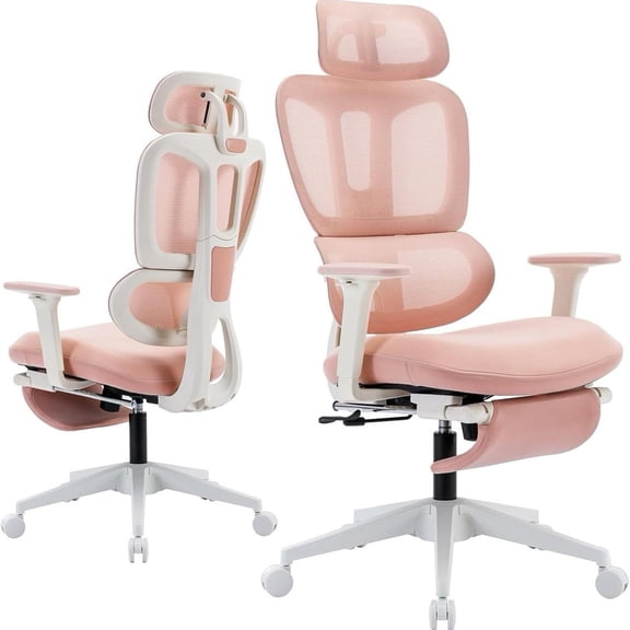 Ergonomic Office Chair with Footrest, High Back Mesh Desk Chair with Adjustable Headrest & Armrests, 90°-135° Reclining Computer Chair with Lumbar Support and Rocking Function, Pink
