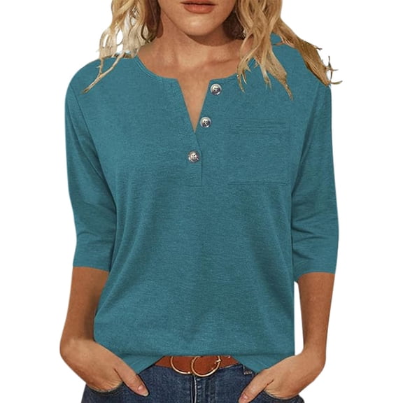 DHFJKG Henley Shirts For Women Solid Color 3/4 Sleeve T Shirt Spring Summer Loose Fit Basic Tee Soft Daily Wear Stylish Tops