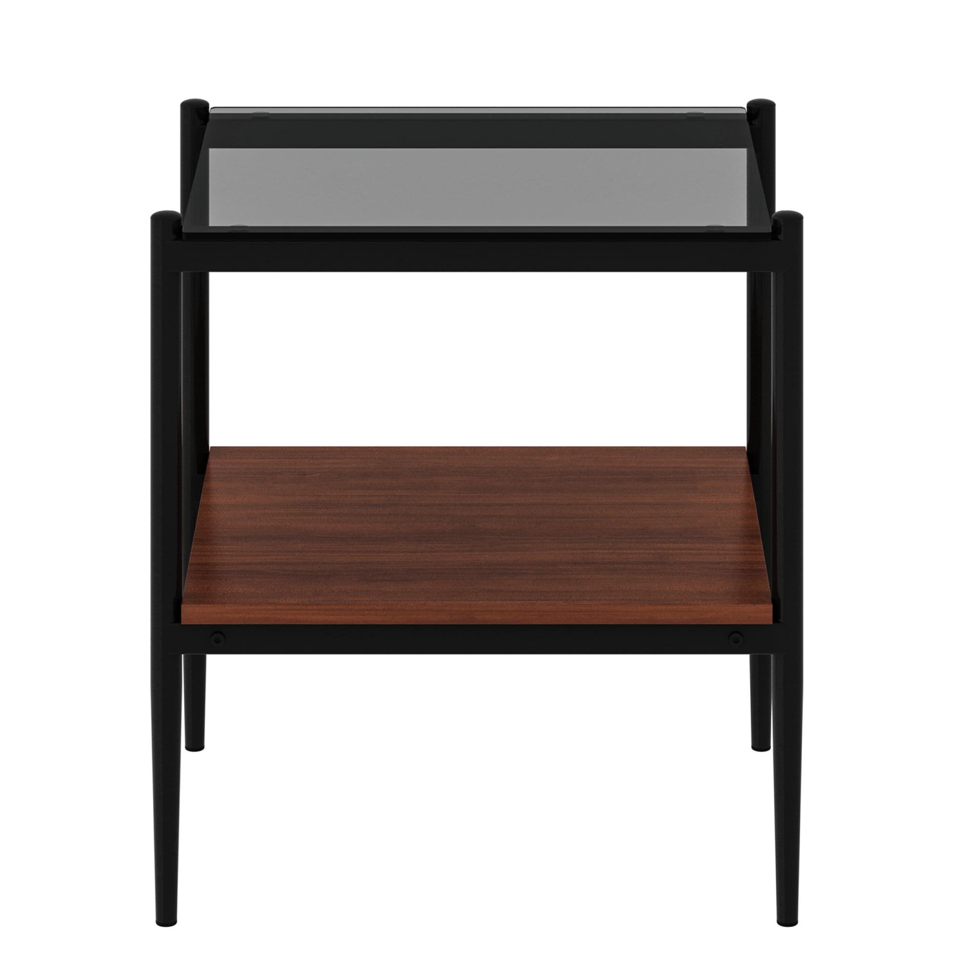 Set of 2 End Tables, Nightstand with Tempered Glass Tabletop, Compact Side Table with MDF Storage Shelf and Sturdy Iron Legs, Easy Assembly for Bedroom or Living Room, Gray Glass Finish