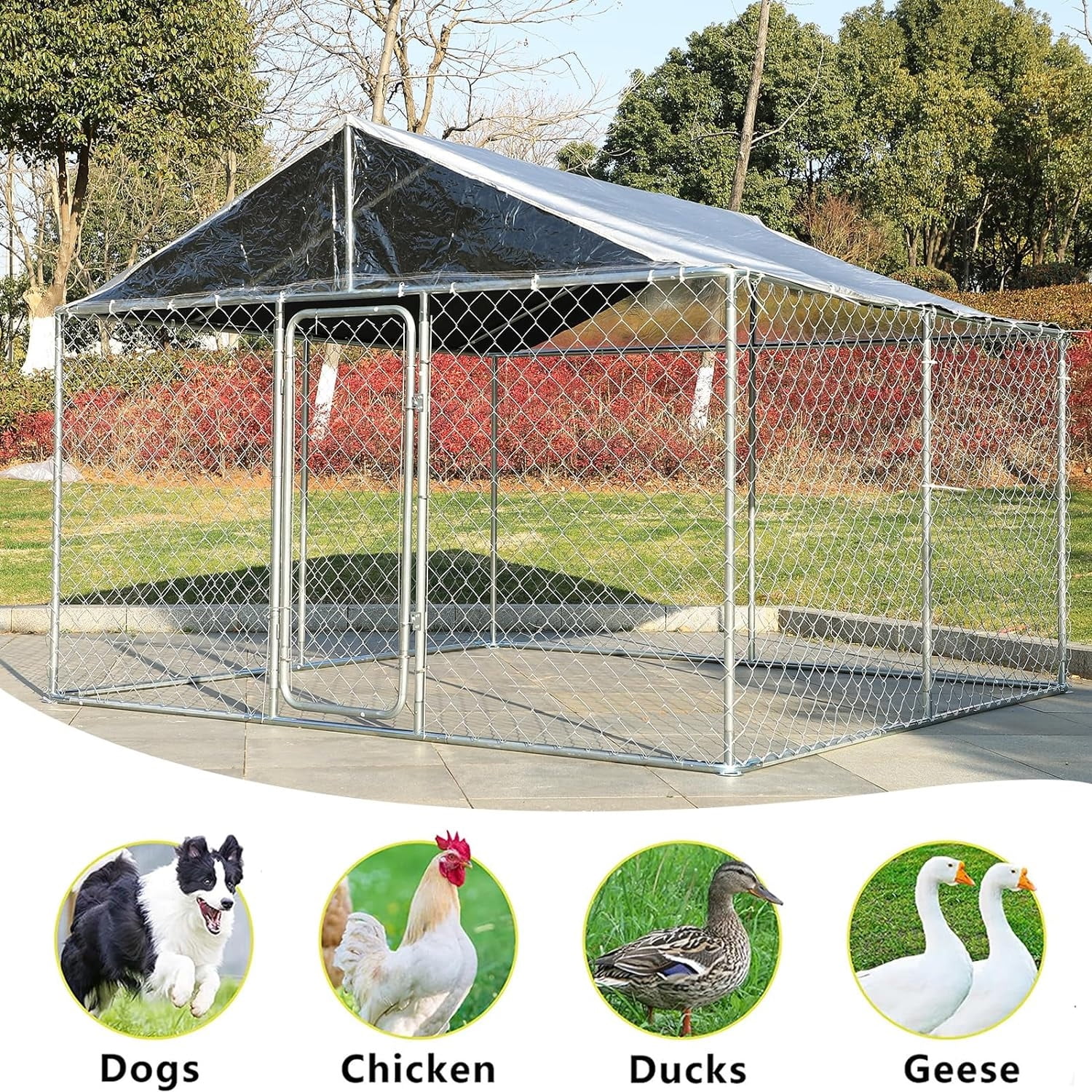 Magic Union Larger Size Metal Dogs Kennels Outdoor, 118'' L x 118'' W x 83'' H,Waterproof Anti-Ultraviolet roof Cover, Galvanized Steel Cage Fence Dog Playpen,Lockable Door for Outside Backyard Farm
