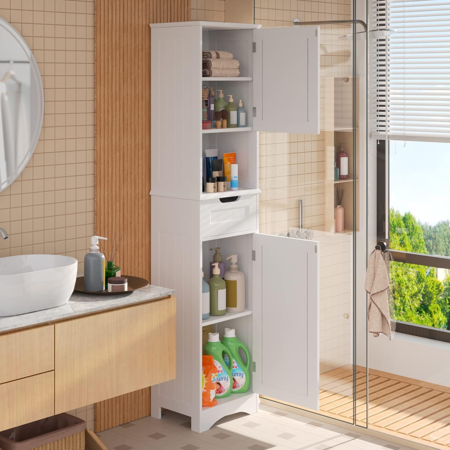 Tall Bathroom Cabinet with Adjustable Shelves - Stylish White Storage Cabinet with Doors, Perfect for Bathroom, Kitchen, or Living Room