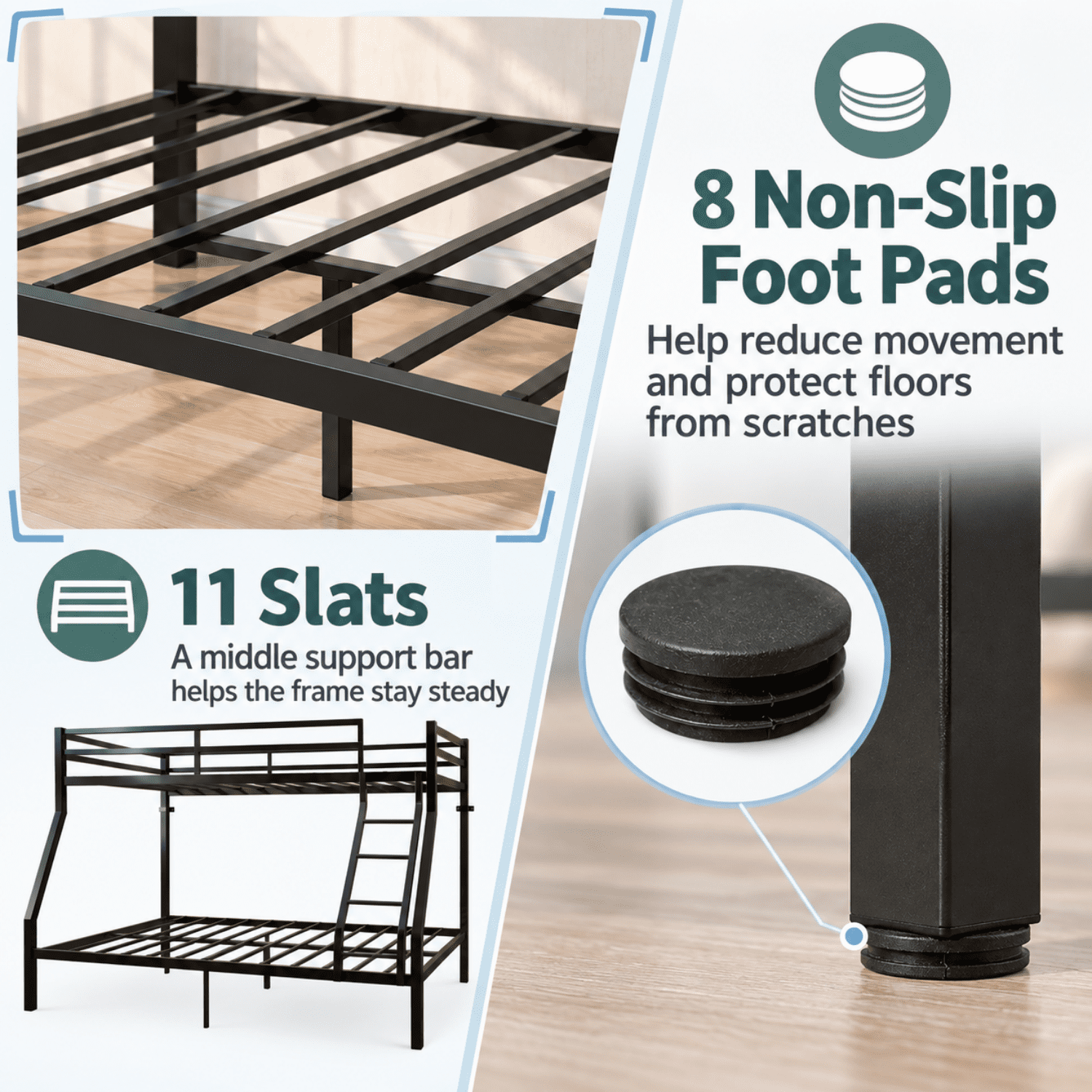 Miniyam Twin Over Full Metal Bunk Bed with Guardrails and Angled Ladder, Black