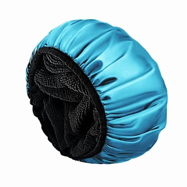 wonima11 Shower Cap,Extra Large Triple Layer Bathing Cap with Dry Hair Function for Women Microfiber Terry Cloth Silky Satin 100% Waterproof Reusable Long Hair Bath Caps (Blue)