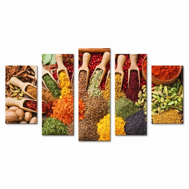 Juego de Cuadros Decorativos, Especias del Mundo, Estilo Exótico y Colorido, 5 Piezas, Ideal para Cocina y Restaurante, 150x80cm