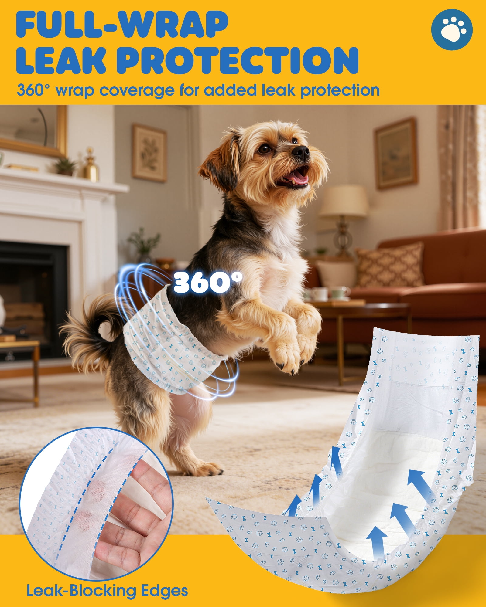 Powools Male Dog Wraps - Disposable Dog Diapers with Multi-Layer Absorption, Puppy Diapers with Wetness Indicator, Breathable & Leakproof, 100 Count, S