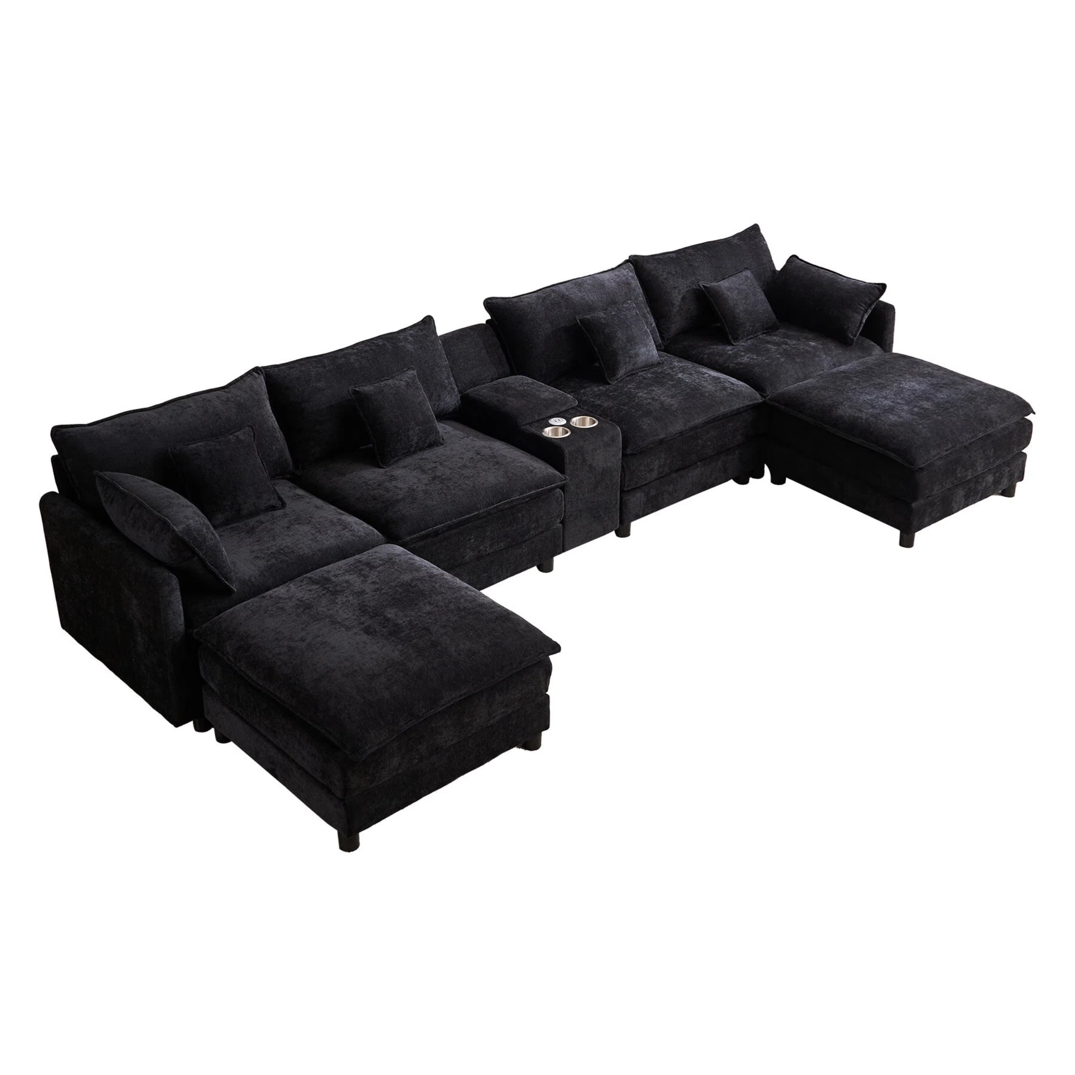 Vinform 145" U Shaped Cloud Couch Sectional with USB Charging, Hidden Storage, Cup Holders & Chenille Double Chaise, Black
