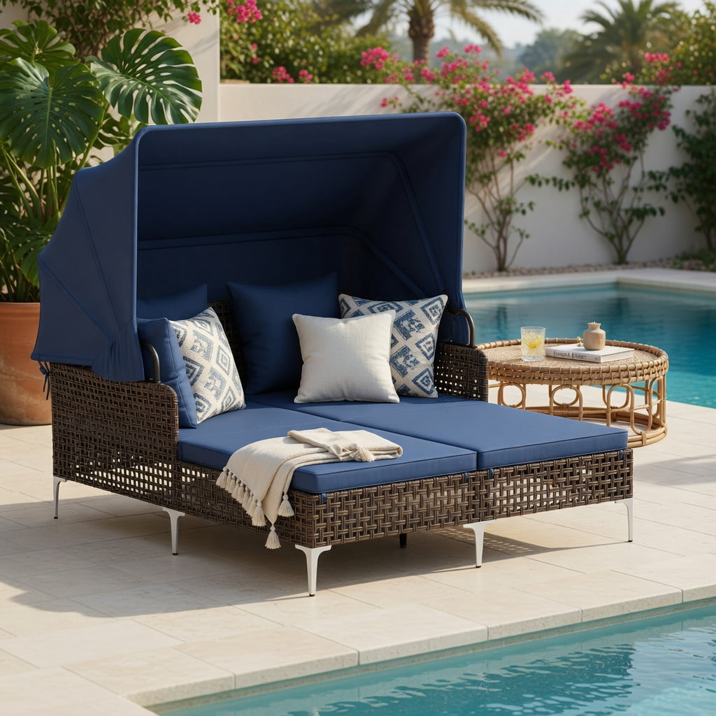 Hommoo Outdoor Daybed with Retractable Sun Canopy, PE Wicker Patio Lounger with Cushions, Ideal for Backyard, Poolside & Garden, Navy