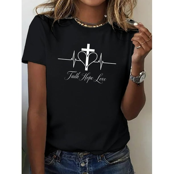 Camiseta con estampado de diseño "Fe, esperanza y amor", camiseta informal de manga corta con cuello redondo y ajuste cómodo para primavera y verano, camiseta de mujer para adultos, hombres, mujeres,