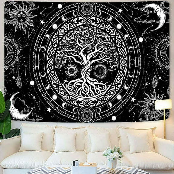 Tree of Life Tapestry for Bedroom, Hippie Black and White Tapestry, Cool Sun and Moon Galaxy Wall Tapestry, Spiritual Tree Tapestry Wall Hanging Decor for Living Room Dorm 60X40IN