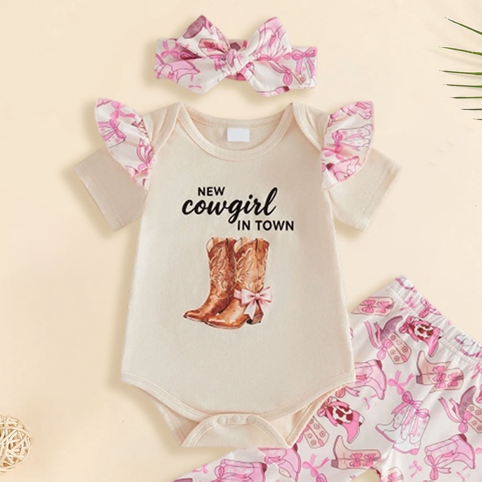 Faraee Baby Girl Clothes Newborn Outfits with Headband Letter Short Sleeve Romper Cow Print Flare Pants 3Pcs Summer Set (6-12M,Beige)