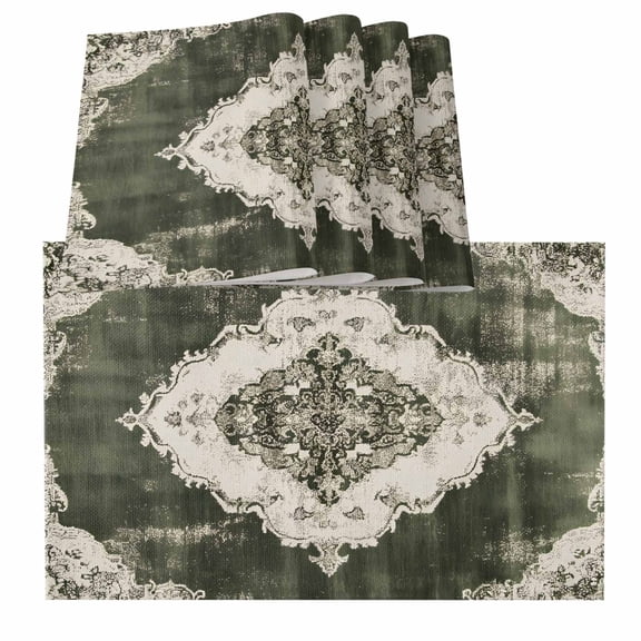 Vintage Green White Placemats for Dinning Table Set of 4, Southwestern Geometric Abstract Art Burlap Kitchen Place Mats Waterproof Cloth Table Mats, Indoor Outdoor Placemats Easy Clean Dinner Decor