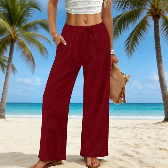 BUIGTTKLOP Wide Leg Pants for Women Flowy Palazzo Drawstring Elastic Waist Pant Summer Beach Trousers with Pockets