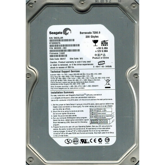 Seagate ST3200827A P/N: 9BD03E-303 F/W: 3.AAE 200GB WU