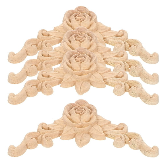 OULII 4-Piece Beige Wood Applique Set with Romantic Rose Design for Furniture Doors and Cabinet Decoration