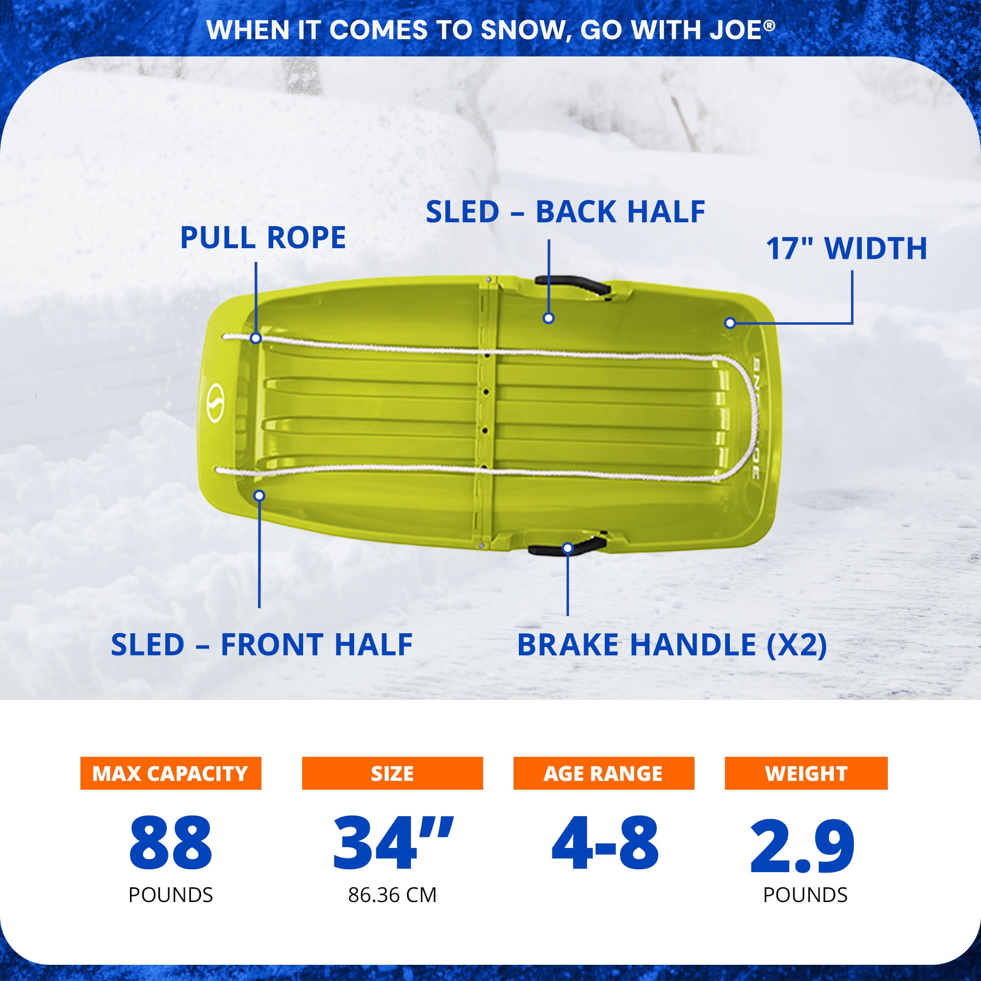 Snow Joe Plastic Snow Sled 34” Toboggan Board with Handles and Rope, Green, SJ-SLD34-GRN