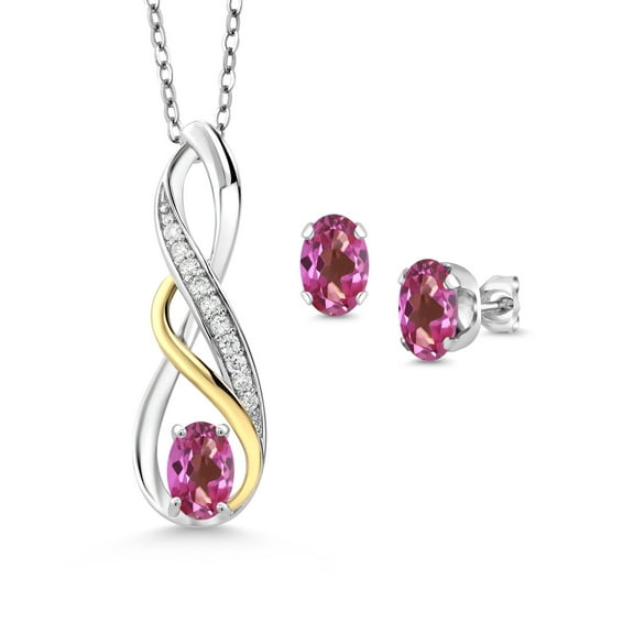 Gem Stone King 1.57 Ct Pink Mystic Topaz E-F Lab Grown Diamond 925 Silver and 10K Yellow Gold Pendant and Earrings Jewelry Set