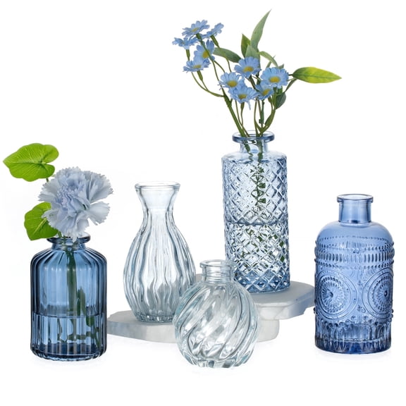 Glasseam Set of 5 Small Glass Bud Vases for Flowers: Vintage Blue Mini Vases for Wedding Centerpieces Party Decor Home Table Decorations