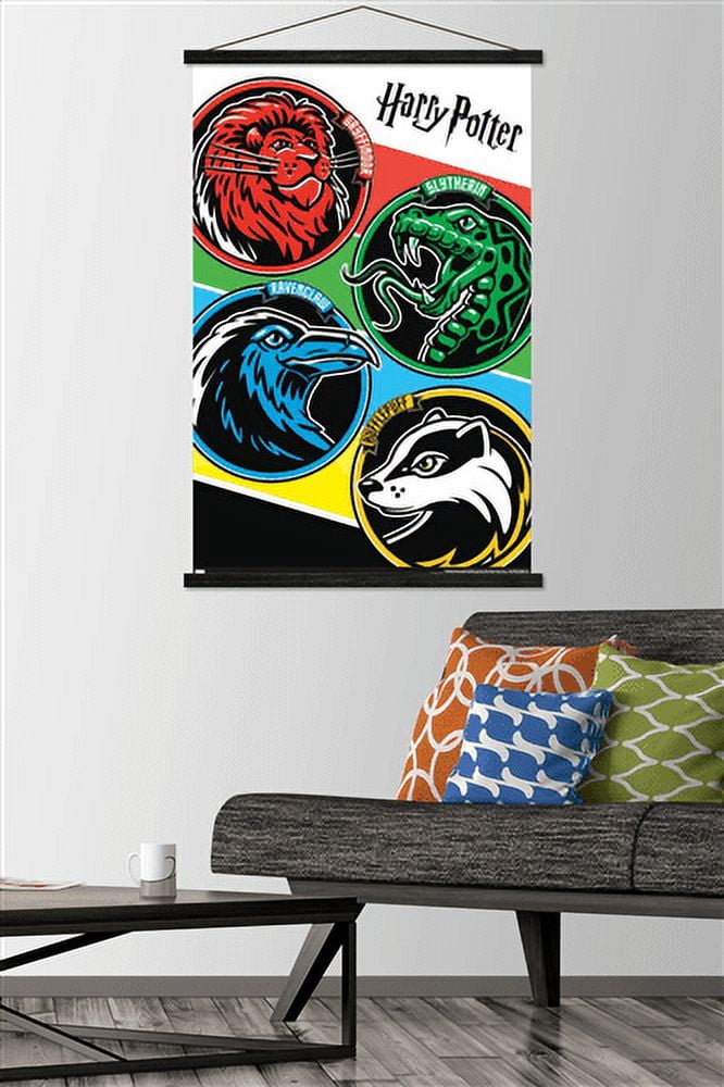 The Wizarding World: Harry Potter - Color Crests Wall Poster with Wooden Magnetic Frame, 22.375" x 34"