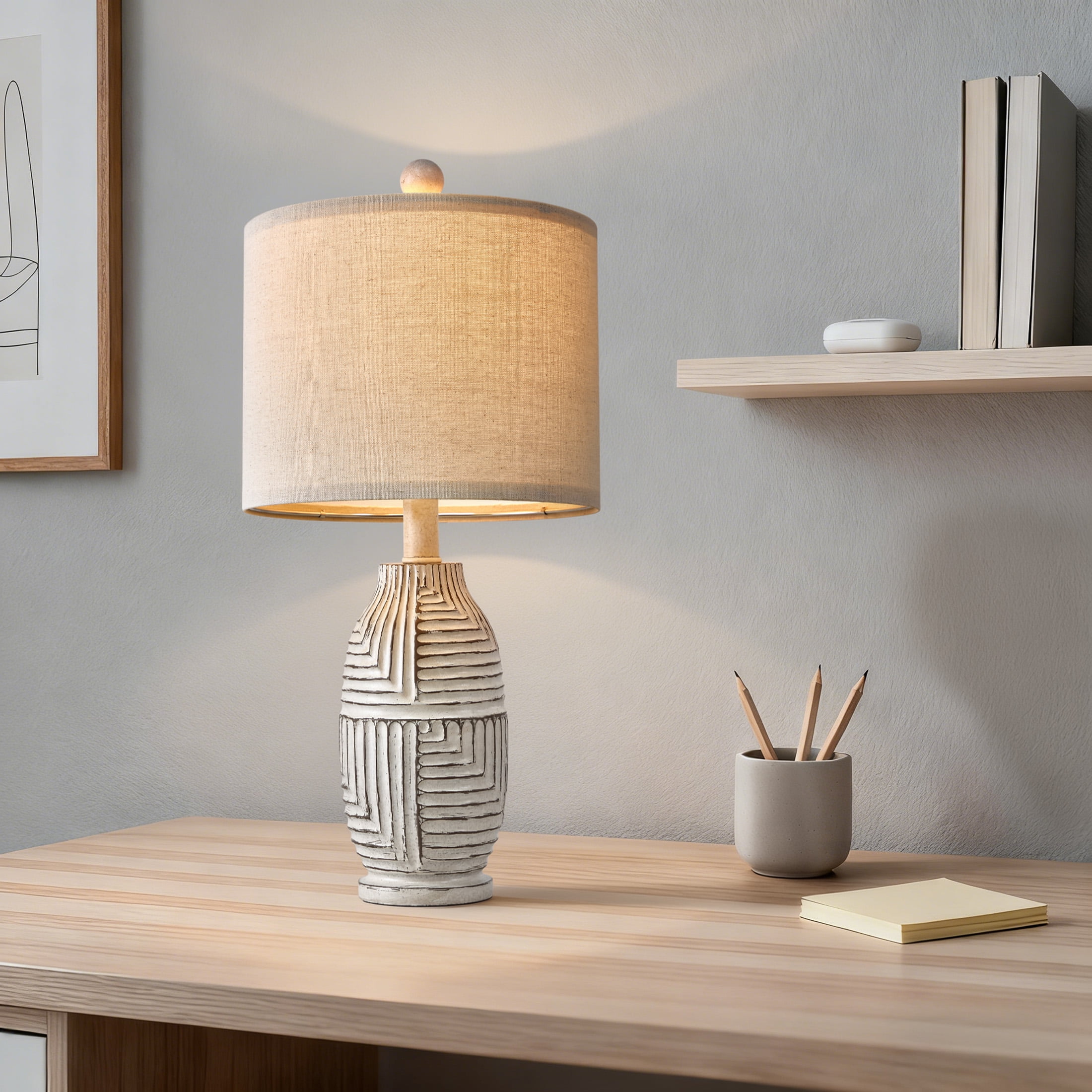 Oneach 20.25" Farmhouse Table Lamps Set of 2 for Living Room Bedroom Resin Bedside Nightstand Lamps with Beige Linen Drum Shade