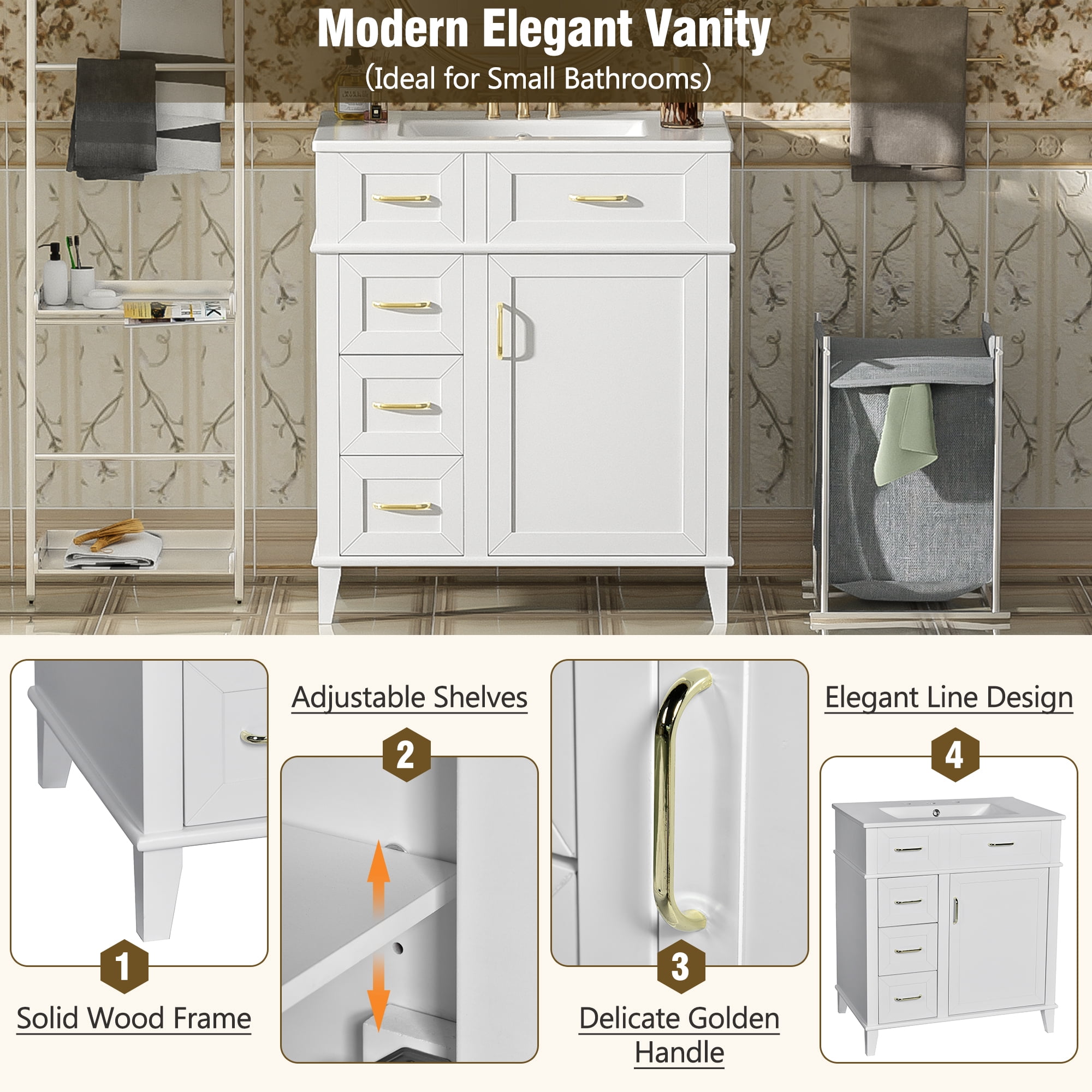 EUROCO 30" Bathroom Vanity with Ceramic Sink,Solid Wood Bathroom Makeup Cabinet with Soft Close Door,Adjustable Shelf and 3 Drawers,Free Standing Single Basin Vanity Set for Bathroom,White