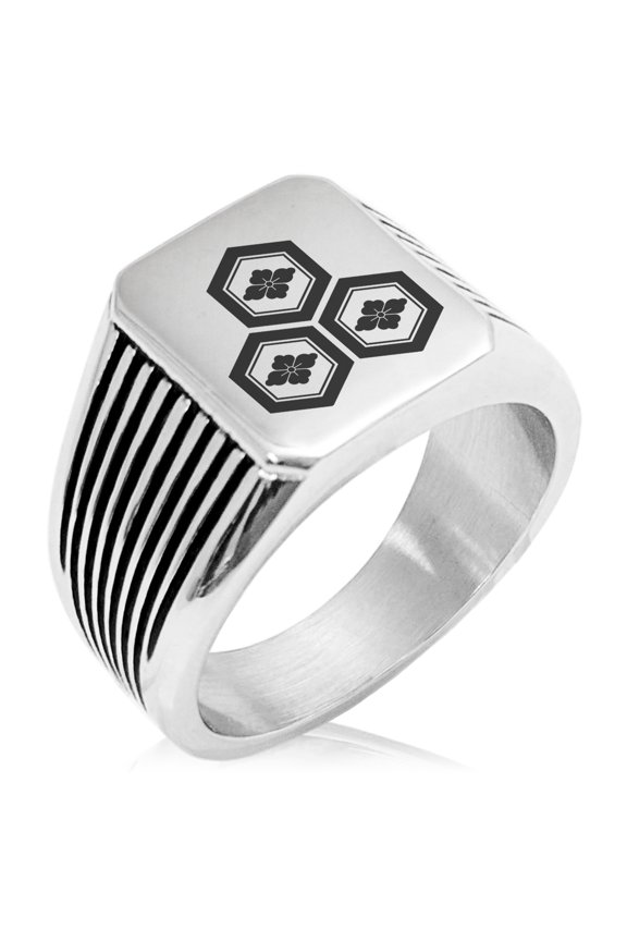 Stainless Steel Asai Samurai Crest Needle Stripe Pattern Biker Style Polished Ring