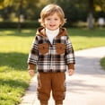 thumbnail image 5 of Duqingm Toddler Baby Boy Clothes Contrast Color Boy Fall Winter Outfit Long Sleeve Letter Plaid Hoodie Sweatshirt Plaid Jogger Pants Plaid Hoodie Set (Brown,2-3 Years), 5 of 7