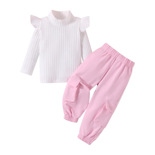 Odeerbi 1-5 Años Niñas Conjuntos de Algodón Punto Elástico Cuello Alto Tops Cargo Pantalones Conjunto de Dos Piezas