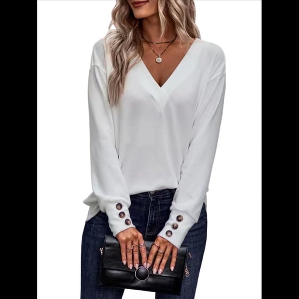 Camisa de Larga para Mujer, Atuendos de Otoño, Ropa Informal Elegante, Blusa Tipo Túnica con Cuello en V y Botones. S